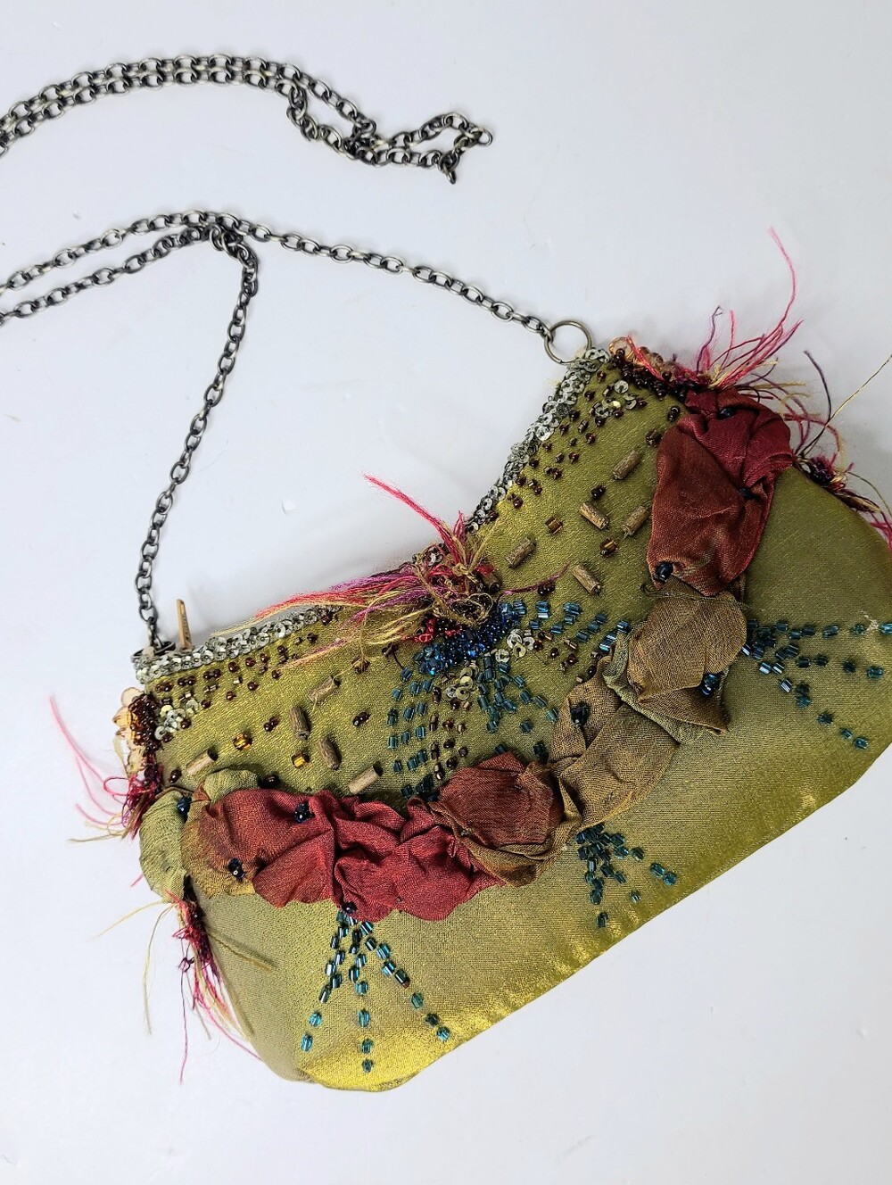 Mary Frances Chartreuse Beaded Sequin Feather Trim Mini Evening Vintage Shoulder